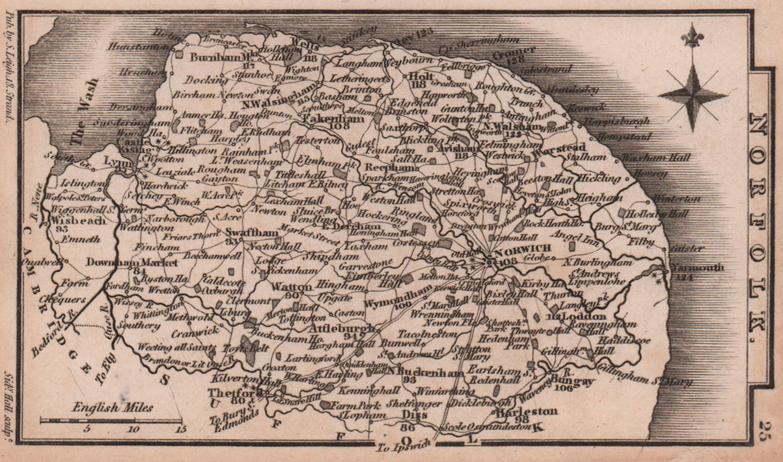 Norfolk miniature county map by Samuel Leigh / Sidney Hall c1820 old